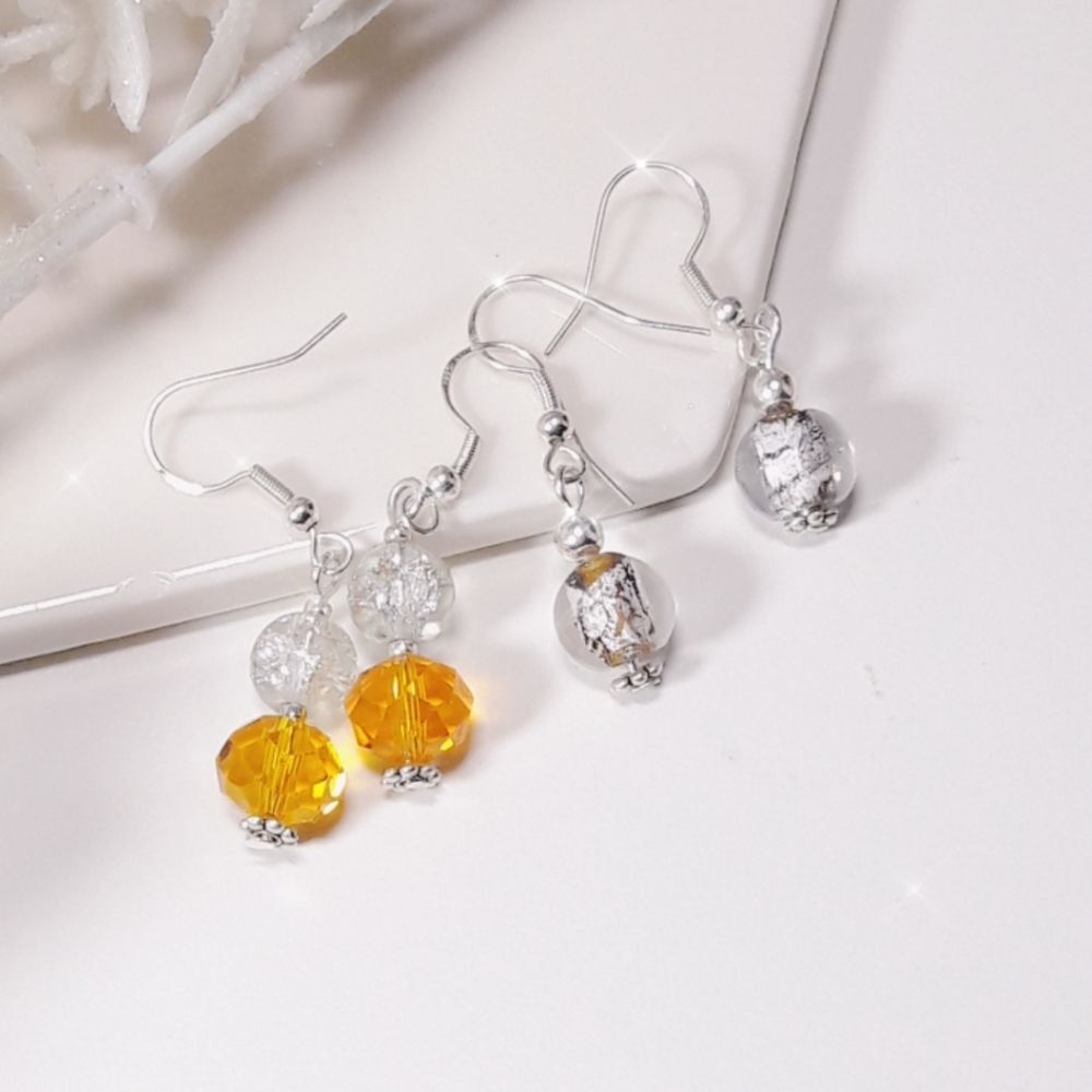 Artisan Earrings 015L# Foil glass Harvest gold crystals Petite Earrings  2 Pair